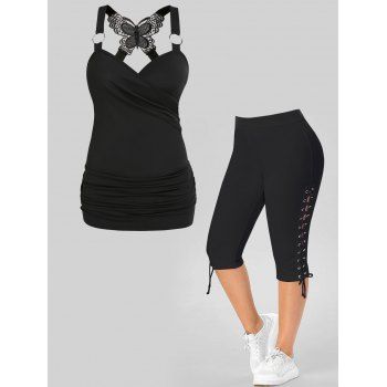 Butterfly Lace O Ring Crossover V Neck Tank Top And Lace Up Skinny Capri Leggings Plus Size Outfit, Black
Butterfly Lace O Ring Crossover V Neck Tank Top And Lace Up Skinny Capri Leggings Plus Size Outfit, Black