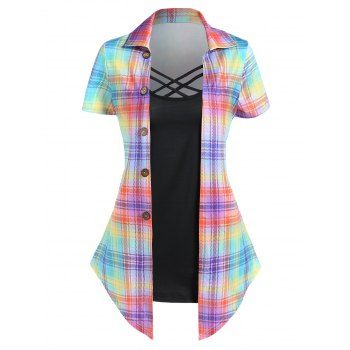 Vintage Faux Twinset T Shirt Plaid Print Crisscross Pointed Hem Casual Tee, Multicolor
Vintage Faux Twinset T Shirt Plaid Print Crisscross Pointed Hem Casual Tee, Multicolor