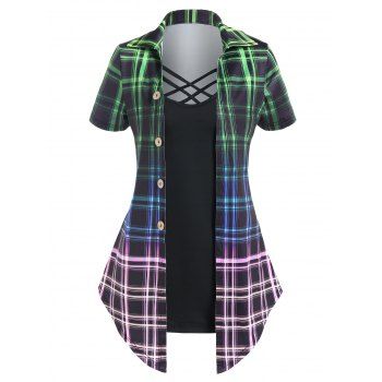 Vintage Faux Twinset T Shirt Plaid Print Crisscross Pointed Hem Casual Tee, Deep blue
Vintage Faux Twinset T Shirt Plaid Print Crisscross Pointed Hem Casual Tee, Deep blue