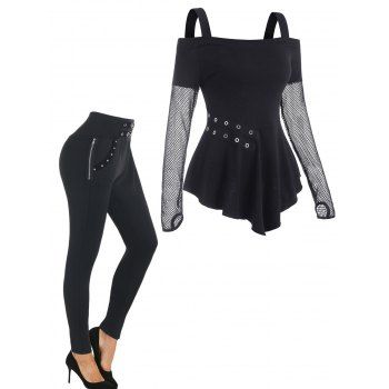 Fishnet Insert Cold Shoulder Grommet T Shirt with Thumb Hole And Buckle Zipper Embellishment Leggings Outfit, Black
Fishnet Insert Cold Shoulder Grommet T Shirt with Thumb Hole And Buckle Zipper Embellishment Leggings Outfit, Black
