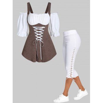 Contrast Colorblock Cold Shoulder Ruffles Twofer Top And Lace Up Skinny Crop Leggings Casual Outfit, Multicolor
Contrast Colorblock Cold Shoulder Ruffles Twofer Top And Lace Up Skinny Crop Leggings Casual Outfit, Multicolor