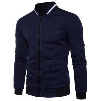 Diamond Shape Textured Jacket Contrast Stripe Print Stand Collar Zip Up Casual Jacket, Deep blue
Diamond Shape Textured Jacket Contrast Stripe Print Stand Collar Zip Up Casual Jacket, Deep blue