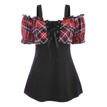 Plus Size T Shirt Plaid Print Panel Ruffle Lace Up Puff Sleeve Cold Shoulder Tee, Deep red
Plus Size T Shirt Plaid Print Panel Ruffle Lace Up Puff Sleeve Cold Shoulder Tee, Deep red