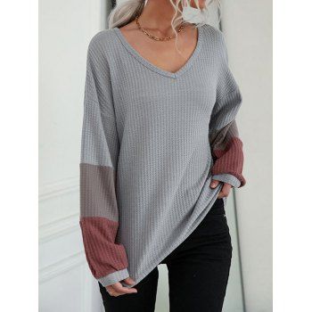 Colorblock Drop Shoulder Knit Top V Neck Long Sleeve Casual Knitted Top, Dark gray
Colorblock Drop Shoulder Knit Top V Neck Long Sleeve Casual Knitted Top, Dark gray