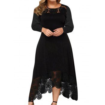 Plus Size Dress Solid Color Lace Panel High Waisted Dress High Low Midi Dress, Black
Plus Size Dress Solid Color Lace Panel High Waisted Dress High Low Midi Dress, Black