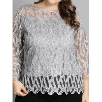 

Plus Size Blouse Embroidery Pattern Sheer Scalloped Casual Blouse, Light gray