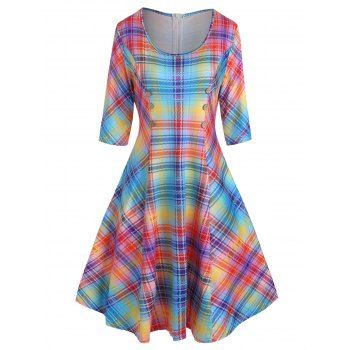 Colorful Plaid Print Tee Dress Half Sleeve Mock Button A Line Dress, Multicolor
Colorful Plaid Print Tee Dress Half Sleeve Mock Button A Line Dress, Multicolor