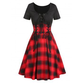 Plaid Print Vintage Mini Dress Lace Up Corset Style Combo Dress Short Sleeve A Line Dress, Red
Plaid Print Vintage Mini Dress Lace Up Corset Style Combo Dress Short Sleeve A Line Dress, Red