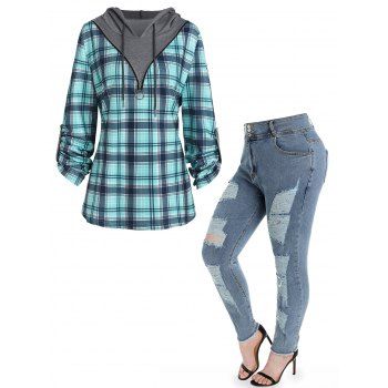 Plus Size Plaid Print Half Zipper Colorblock Faux Twinset Hoodie And Ripped Frayed Skinny Jeans Casual Outfit, Multicolor
Plus Size Plaid Print Half Zipper Colorblock Faux Twinset Hoodie And Ripped Frayed Skinny Jeans Casual Outfit, Multicolor