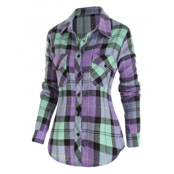 Contrast Plaid Print Shirt Pocket Patches Button Up Curved Hem Long Sleeve Shirt, Multicolor
Contrast Plaid Print Shirt Pocket Patches Button Up Curved Hem Long Sleeve Shirt, Multicolor