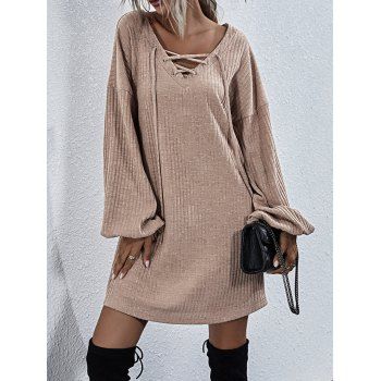 Textured Knit Dress Solid Color Lace Up Long Sleeve V Neck Shift Mini Dress, Light coffee
Textured Knit Dress Solid Color Lace Up Long Sleeve V Neck Shift Mini Dress, Light coffee
