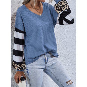 Leopard Contrast Stripe Print Knit Top Drop Shoulder Textured Curved Hem Knitted Top, Blue
Leopard Contrast Stripe Print Knit Top Drop Shoulder Textured Curved Hem Knitted Top, Blue