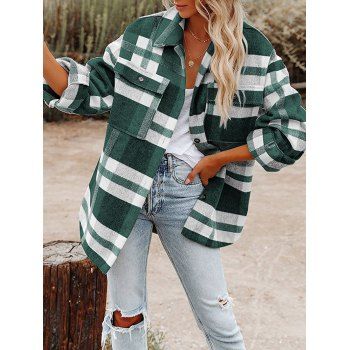 Plaid Print Shacket Drop Shoulder Pocket Patches Curved Hem Button Up Jacket, Deep green
Plaid Print Shacket Drop Shoulder Pocket Patches Curved Hem Button Up Jacket, Deep green
