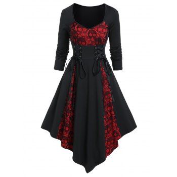 Gothic Dress Colorblock Skull Lace Godet Dress Lace Up Pointed Hem Midi Dress, Black
Gothic Dress Colorblock Skull Lace Godet Dress Lace Up Pointed Hem Midi Dress, Black
