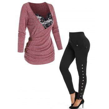 Rose Lace Panel Surplice Heathered 2 in 1 T Shirt And Pocket Snap Button Leggings Casual Outfit, Multicolor
Rose Lace Panel Surplice Heathered 2 in 1 T Shirt And Pocket Snap Button Leggings Casual Outfit, Multicolor