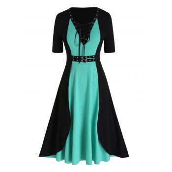 Contrast Colorblock Dress Lace Up Buckle Overlay High Waisted A Line Midi Dress, Green
Contrast Colorblock Dress Lace Up Buckle Overlay High Waisted A Line Midi Dress, Green