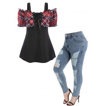 Plaid Print Lace Up Cold Shoulder Puff Sleeve T-shirt And Ripped High Waist Jeans Plus Size Outfit, Multicolor
Plaid Print Lace Up Cold Shoulder Puff Sleeve T-shirt And Ripped High Waist Jeans Plus Size Outfit, Multicolor