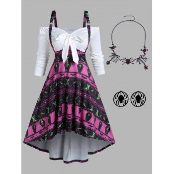 Bat Skeleton Cat Print Bowknot High Low Dress And Web Rhinestone Spider Necklace Earrings Gothic Outfit, Multicolor
Bat Skeleton Cat Print Bowknot High Low Dress And Web Rhinestone Spider Necklace Earrings Gothic Outfit, Multicolor