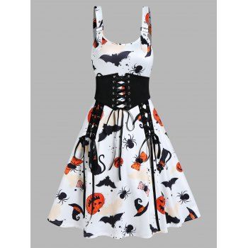 Halloween Dress Pumpkin Bat Spider Print Lace Up Wide Waist Adjustable Strap A Line Mini Dress, White
Halloween Dress Pumpkin Bat Spider Print Lace Up Wide Waist Adjustable Strap A Line Mini Dress, White
