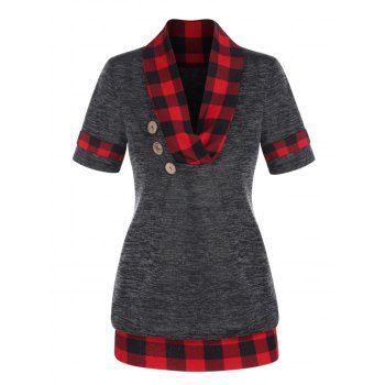 Plaid Pattern T Shirt Space Dye Cowl Neck T-shirt Mock Button Short Sleeve Tee, Dark gray
Plaid Pattern T Shirt Space Dye Cowl Neck T-shirt Mock Button Short Sleeve Tee, Dark gray
