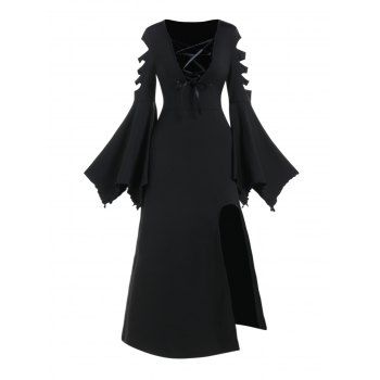 

Gothic Dress Lace Up High Slit Maxi Dress Ripped Handkerchief Bell Sleeve Long Dress, Black