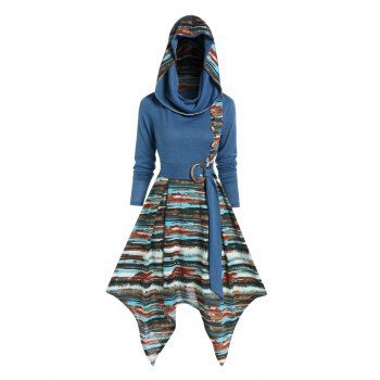 Colored Striped Print Hooded Dress O Ring Self Belted Mock Button Handkerchief Midi Dress, Deep blue
Colored Striped Print Hooded Dress O Ring Self Belted Mock Button Handkerchief Midi Dress, Deep blue