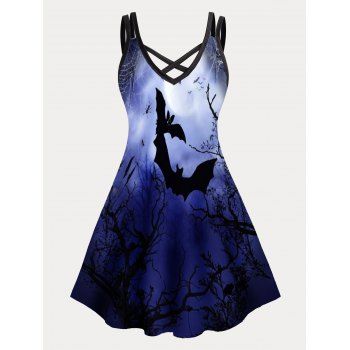 

Plus Size Mini Dress Halloween Bat Moon Night Tree Branches Print Dress Crisscross Dual Straps Cami Dress, Black