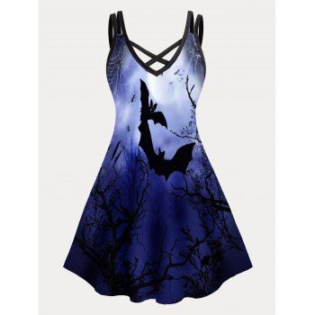 Plus Size Mini Dress Halloween Bat Moon Night Tree Branches Print Dress Crisscross Dual Straps Cami Dress, Black
Plus Size Mini Dress Halloween Bat Moon Night Tree Branches Print Dress Crisscross Dual Straps Cami Dress, Black
