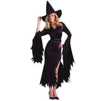 

Halloween Costume Solid Color Witch Hat Jagged Hem Wide Sleeve Belted Cosplay Costume Set, Black
