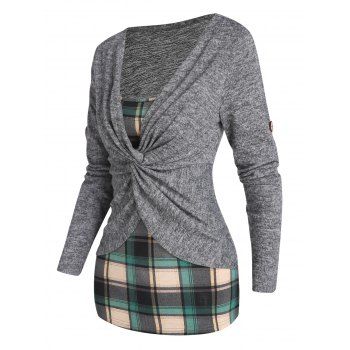Plaid Print Faux Twinset Knit Top Twisted Rolled Up Long Sleeve Knitted Top, Gray
Plaid Print Faux Twinset Knit Top Twisted Rolled Up Long Sleeve Knitted Top, Gray
