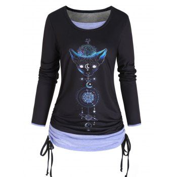 

Animal Head Celestial Moon Flower Print Colorblock Faux Twinset Top Cinched Long Sleeve 2 In 1 Top, Black