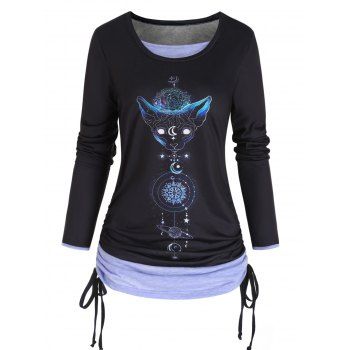 Animal Head Celestial Moon Flower Print Colorblock Faux Twinset Top Cinched Long Sleeve 2 In 1 Top, Black
Animal Head Celestial Moon Flower Print Colorblock Faux Twinset Top Cinched Long Sleeve 2 In 1 Top, Black