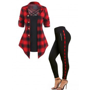 Plaid Print Crisscross Pointed Hem Mock Button 2 In 1 T Shirt And Zipper Detail Pants Casual Outfit, Multicolor
Plaid Print Crisscross Pointed Hem Mock Button 2 In 1 T Shirt And Zipper Detail Pants Casual Outfit, Multicolor