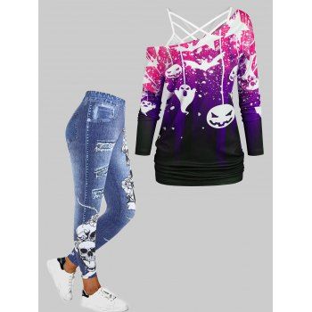 Halloween Bat Ghost Pumpkin Print T-shirt Flower Lace Cami Top And Skull Faux Denim 3D Print Jeggings Outfit, Multicolor
Halloween Bat Ghost Pumpkin Print T-shirt Flower Lace Cami Top And Skull Faux Denim 3D Print Jeggings Outfit, Multicolor