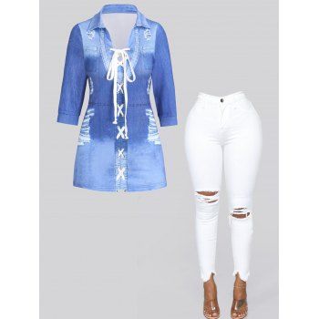 Lace Up Faded Wash Ripped Denim 3D Print Top And Pockets Zipper Fly Frayed Hem Ripped Jeans Casual Outfit, Multicolor
Lace Up Faded Wash Ripped Denim 3D Print Top And Pockets Zipper Fly Frayed Hem Ripped Jeans Casual Outfit, Multicolor