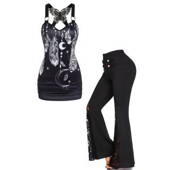 Contrast Dreamcatcher Print Butterfly Lace Insert Tank Top And Bell Bottom Pants Casual Outfit, Black
Contrast Dreamcatcher Print Butterfly Lace Insert Tank Top And Bell Bottom Pants Casual Outfit, Black