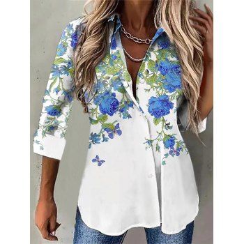 Flower Butterfly Print Shirt Cottagecore Long Sleeve Side Slit Button Up Shirt, White
Flower Butterfly Print Shirt Cottagecore Long Sleeve Side Slit Button Up Shirt, White