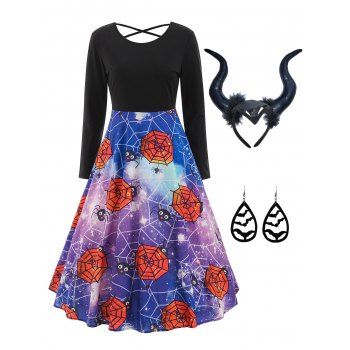 Galaxy Spider Web Print Crisscross Dress And Devil Horns Headband Bat Earrings Halloween Outfit, Multicolor
Galaxy Spider Web Print Crisscross Dress And Devil Horns Headband Bat Earrings Halloween Outfit, Multicolor