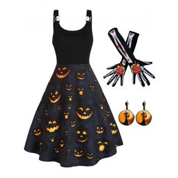 Halloween Outfit Pumpkin Print Dress And Skeleton Flower Print Long Arm Gloves Witch Print Drop Earrings Set, Black
Halloween Outfit Pumpkin Print Dress And Skeleton Flower Print Long Arm Gloves Witch Print Drop Earrings Set, Black