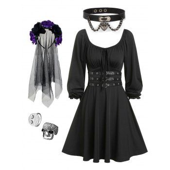 Tied Buckle A Line Dress And Skull Rings Chain Heart Choker Mesh Veil Tulle Wreath Headband Halloween Outfit, Black
Tied Buckle A Line Dress And Skull Rings Chain Heart Choker Mesh Veil Tulle Wreath Headband Halloween Outfit, Black