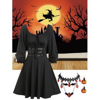 Long Sleeve Bowknot Belted Dress And Bat Waterdrop Lace Necklace Pumpkin Earrings Hanging Tapestry Set, Multicolor
Long Sleeve Bowknot Belted Dress And Bat Waterdrop Lace Necklace Pumpkin Earrings Hanging Tapestry Set, Multicolor
