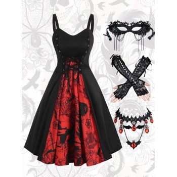 Grommet Lace Up Skull A Line Dress And Butterfly Skeleton Chain Mask Lace Choker Bandage Gloves Halloween Outfit, Black
Grommet Lace Up Skull A Line Dress And Butterfly Skeleton Chain Mask Lace Choker Bandage Gloves Halloween Outfit, Black