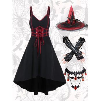 Contrast Pipe Lace Up High Low Midi Dress And Heart Bat Lace Choker Bandage Gloves Mesh Witch Hat Halloween Outfit, Black
Contrast Pipe Lace Up High Low Midi Dress And Heart Bat Lace Choker Bandage Gloves Mesh Witch Hat Halloween Outfit, Black