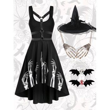 Skeleton Print Cut Out High Low Dress And Bat Skull Hair Clips Necklace Witch Hat Halloween Outfit, Black
Skeleton Print Cut Out High Low Dress And Bat Skull Hair Clips Necklace Witch Hat Halloween Outfit, Black
