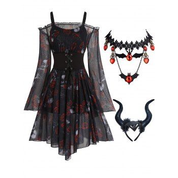 Halloween Outfit Skull Rose Print Off The Shoulder Asymmetric Dress Basic Cami Dress Set And Waterdrop Bat Lace Choker Necklace Devil Horns Headband, Black
Halloween Outfit Skull Rose Print Off The Shoulder Asymmetric Dress Basic Cami Dress Set And Waterdrop Bat Lace Choker Necklace Devil Horns Headband, Black