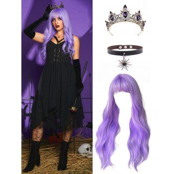 Halloween Outfit Floral Lace Chiffon O Rings Asymmetric Backless Dress Rhinestone Crown Sun Choker Necklace Long Wavy Party Wig Set, Black 
Halloween Outfit Floral Lace Chiffon O Rings Asymmetric Backless Dress Rhinestone Crown Sun Choker Necklace Long Wavy Party Wig Set, Black