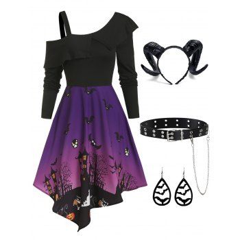 Halloween Outfit Horror Night Bat Castle Print Cold Shoulder Asymmetrical Dress Cow Horns Cosplay Hairband Eyelets Belt Bat Waterdrop Earrings Set, Multicolor
Halloween Outfit Horror Night Bat Castle Print Cold Shoulder Asymmetrical Dress Cow Horns Cosplay Hairband Eyelets Belt Bat Waterdrop Earrings Set, Multicolor