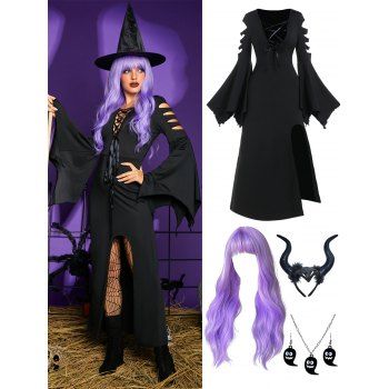 Lace Up High Slit Ripped Handkerchief Dress And Wavy Synthetic Wig Ghost Earrings Necklace Devil Horns Headband Halloween Outfit, Black
Lace Up High Slit Ripped Handkerchief Dress And Wavy Synthetic Wig Ghost Earrings Necklace Devil Horns Headband Halloween Outfit, Black