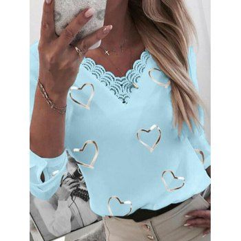 Romantic Heart Print Blouse Crochet Lace Insert V Neck Three Quarter Sleeve Blouse, Light blue
Romantic Heart Print Blouse Crochet Lace Insert V Neck Three Quarter Sleeve Blouse, Light blue