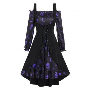 Pumpkin Skull Bat Cat Print Ruffle A Line Mini Dress And Lace Up Slit Tank Top Halloween Gothic Set, Concord
Pumpkin Skull Bat Cat Print Ruffle A Line Mini Dress And Lace Up Slit Tank Top Halloween Gothic Set, Concord